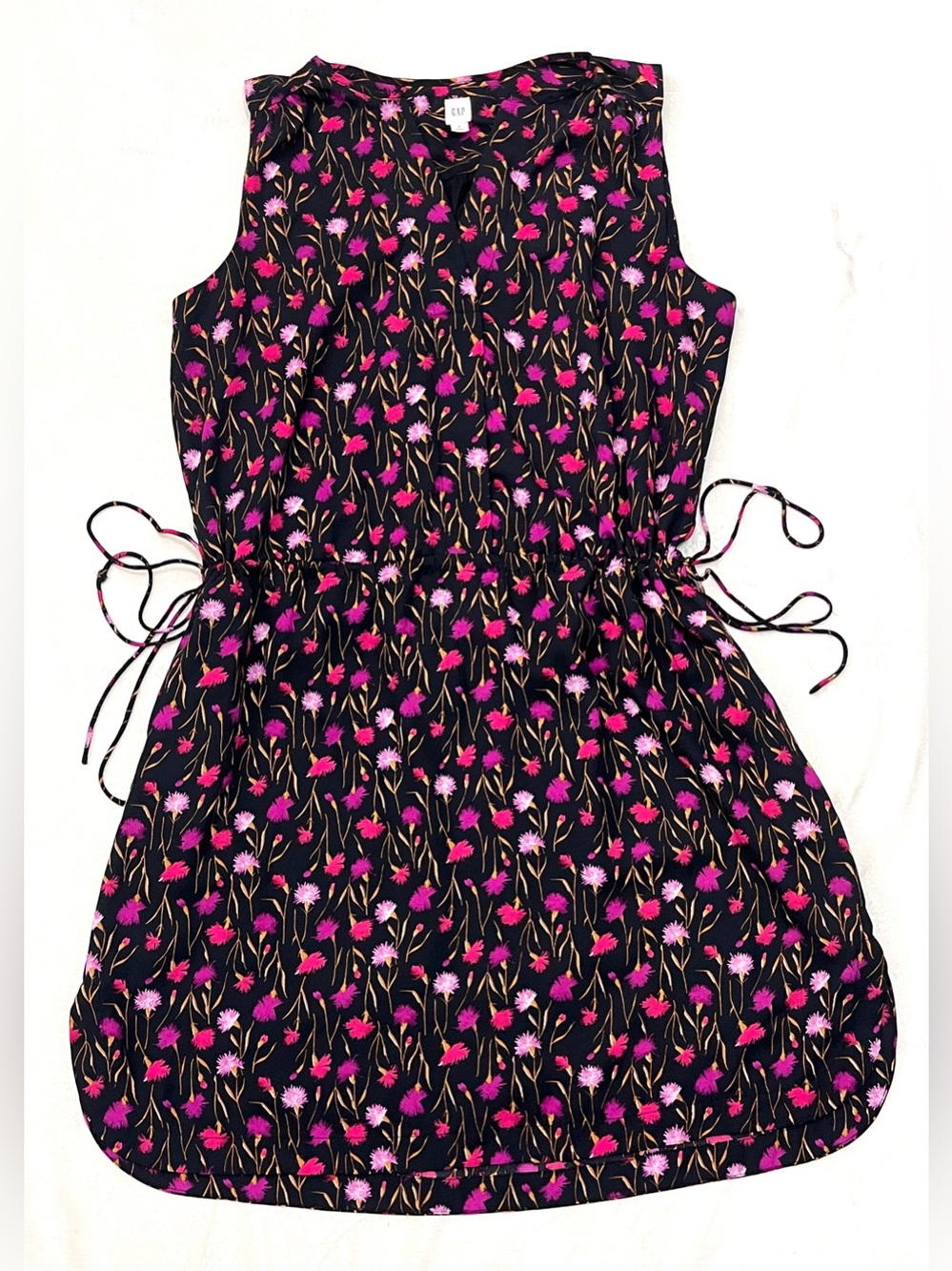GAP Sleeveless Floral Side Drawstrings Summer Dress Black with Pink Flowers